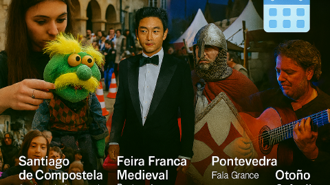 Calendario de Eventos de All Routes Camino para Octubre de 2025. La imagen combina cuatro escenas: peregrinos en la Catedral de Santiago con luz otoñal, una procesión de banda de música en una calle histórica española, un hombre asando castañas durante las celebraciones de São Martinho y un dramático ritual de hoguera de la Semana de Veguilla.