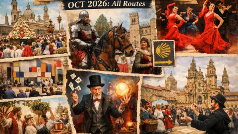 Calendario de Eventos del Camino de Santiago Octubre 2026, que muestra festivales de otoño verificados en todas las rutas principales de peregrinación. Los aspectos destacados incluyen las Fiestas del Pilar en Zaragoza con ofrendas tradicionales y conciertos; el festival medieval Burgos Cidiano; la Bienal de Flamenco en Sevilla; la bienal cultural Encuentros de Pamplona; las celebraciones de San Froilán en León; y festivales de magia en Barcelona y Santiago de Compostela. Representa el vibrante espíritu artístico y festivo de octubre a lo largo del Camino de Santiago, desde festivales de la cosecha hasta bienales culturales y recreaciones medievales.