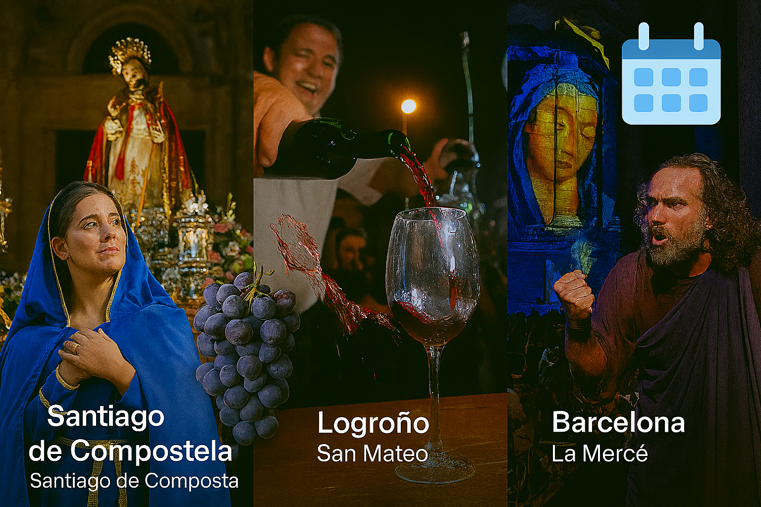 Camino de Santiago September 2025 Fiesta Calendar. The image features four scenes: a flamenco dancer in a red dress performing under warm stage lights during Sevilla’s Bienal de Flamenco; a medieval reenactor in chainmail and tabard at Astorga’s Mercado Medieval, standing beside a wooden stall with flags and shields; a wine harvest celebration in Monforte de Lemos with a man pouring red wine from a barrel into a traditional clay cup, surrounded by grape baskets; and a film premiere moment from San Sebastián’s International Film Festival, with a suited actor posing on a red carpet before photographers. A blue calendar icon with a blank grid appears in the top-right corner, symbolizing the month’s events.