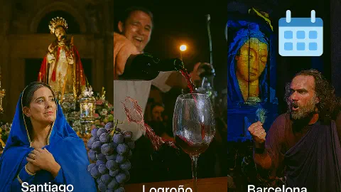 Camino de Santiago September 2025 Fiesta Calendar. The image features four scenes: a flamenco dancer in a red dress performing under warm stage lights during Sevilla’s Bienal de Flamenco; a medieval reenactor in chainmail and tabard at Astorga’s Mercado Medieval, standing beside a wooden stall with flags and shields; a wine harvest celebration in Monforte de Lemos with a man pouring red wine from a barrel into a traditional clay cup, surrounded by grape baskets; and a film premiere moment from San Sebastián’s International Film Festival, with a suited actor posing on a red carpet before photographers. A blue calendar icon with a blank grid appears in the top-right corner, symbolizing the month’s events.