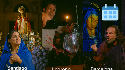 Calendario de Fiestas del Camino de Santiago Septiembre 2025. La imagen presenta cuatro escenas: una bailaora de flamenco con vestido rojo actuando bajo cálidas luces del escenario durante la Bienal de Flamenco de Sevilla; un recreador medieval con cota de malla y tabardo en el Mercado Medieval de Astorga, de pie junto a un puesto de madera con banderas y escudos; una celebración de la vendimia en Monforte de Lemos con un hombre sirviendo vino tinto de un barril a una taza tradicional de barro, rodeado de cestas de uvas; y un momento de estreno cinematográfico del Festival Internacional de Cine de San Sebastián, con un actor en traje posando en una alfombra roja ante fotógrafos. Un icono de calendario azul con una cuadrícula en blanco aparece en la esquina superior derecha, simbolizando los eventos del mes.