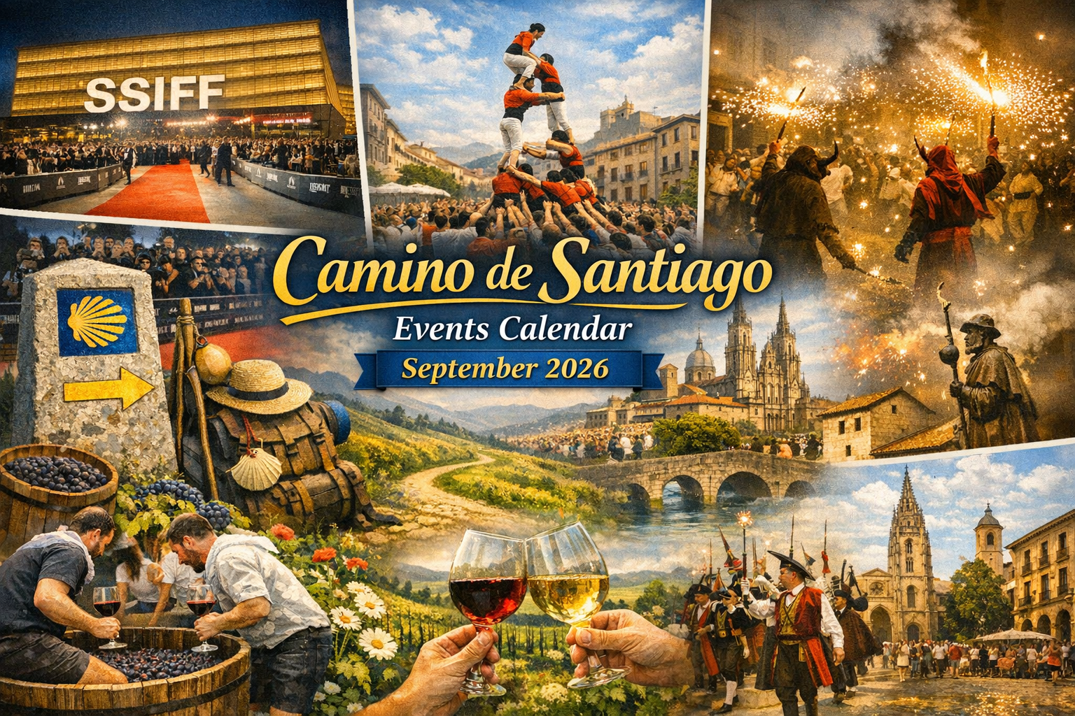 A collage of September 2026 Camino events: the San Mateo fiestas in Oviedo and Logroño, Vive Latino music festival in Zaragoza, and the Ferias y Fiestas in Salamanca, all set against autumn-tinted landscapes.