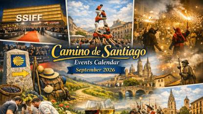Un collage de eventos del Camino de septiembre de 2026: las fiestas de San Mateo en Oviedo y Logroño, el festival de música Vive Latino en Zaragoza, y las Ferias y Fiestas en Salamanca, todo ambientado en paisajes teñidos de otoño.