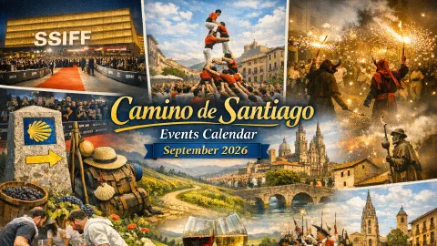 Un collage de eventos del Camino de septiembre de 2026: las fiestas de San Mateo en Oviedo y Logroño, el festival de música Vive Latino en Zaragoza, y las Ferias y Fiestas en Salamanca, todo ambientado en paisajes teñidos de otoño.