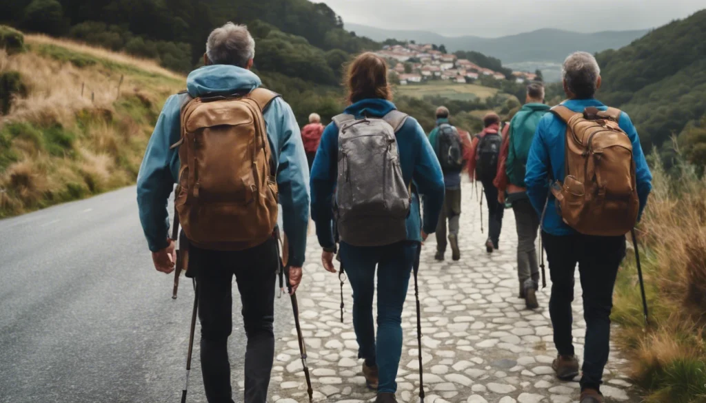 Camino Ingles Pilgrims Arriving At The Town Of Sigueiro Galicia Spain