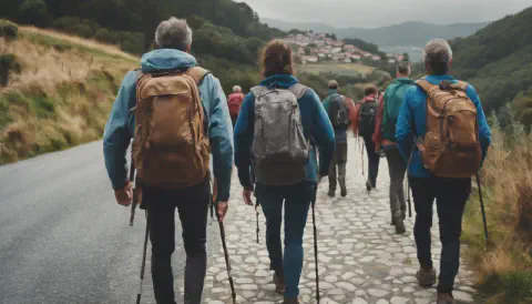 Camino Ingles Pilgrims Arriving At The Town Of Sigueiro Galicia Spain