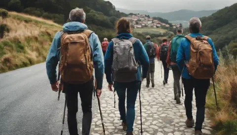 Camino Ingles Pilgrims Arriving At The Town Of Sigueiro Galicia Spain Camino Ingles Pilgrims Arriving At The Town Of Sigueiro Galicia Spain