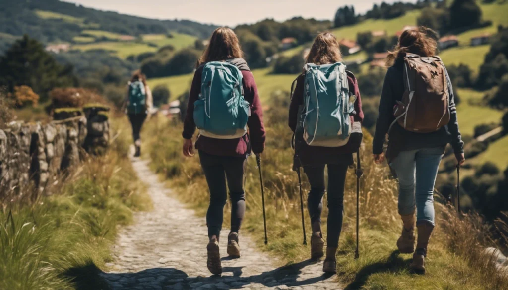 Female Hikers Arriving At The Village Of Hospital Hikers Arriving At The Village Of Hospital de Bruma
