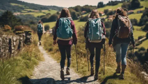 Female Hikers Arriving At The Village Of Hospital Hikers Arriving At The Village Of Hospital de Bruma