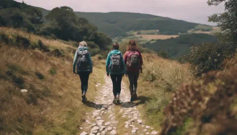 Female Hikers Walking The Camino Ingles From O Mesón do Vento Hikers Walking The Camino Ingles From O Mesón do Vento