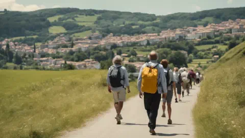 Pilgrims Arriving At Betanzos Along The Camino Inglés Pilgrims Arriving At Betanzos Along The Camino Inglés