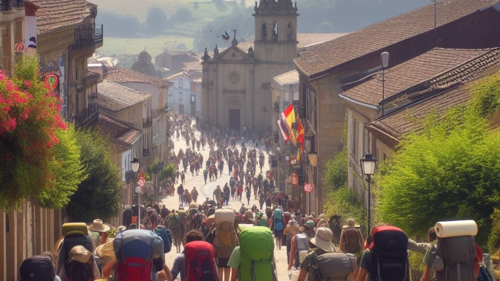 Pilgrms Arriving In Betanzos Spain Walking Along The Camino Inglés