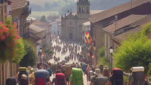 Pilgrms Arriving In Betanzos Spain Walking Along The Camino Inglés Pilgrms Arriving In Betanzos Spain Walking Along The Camino Inglés