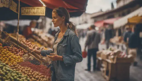 A Woman Browsing A Market Stall In Siguero Galicia A Woman Browsing A Market Stall In Siguero Galicia