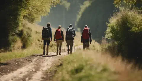 Hikers Walking Along The Camino De Santiago Between Siguero And Santiago Hikers Walking Along The Camino De Santiago Between Siguero And Santiago