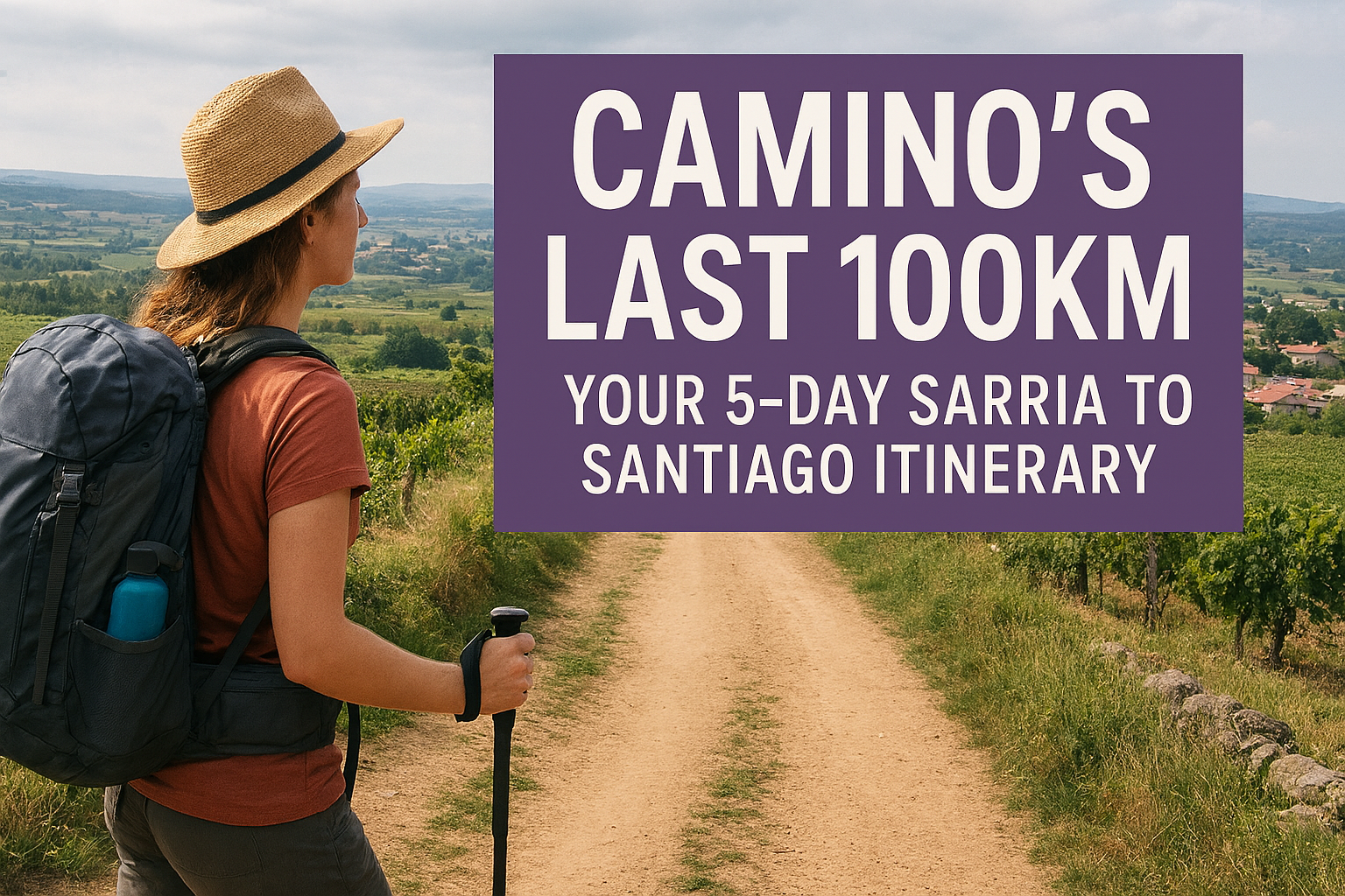 Peregrina caminando por el Camino de Santiago con mochila y bastón de trekking, con vistas a viñedos cerca de Sarria, con superposición de texto editorial: Los últimos 100 km del Camino – Tu itinerario de 5 días de Sarria a Santiago.