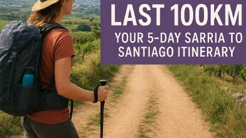 Female pilgrim walking along the Camino de Santiago with backpack and trekking pole, overlooking vineyards near Sarria, with editorial overlay text: Camino’s Last 100km – Your 5-Day Sarria to Santiago Itinerary.