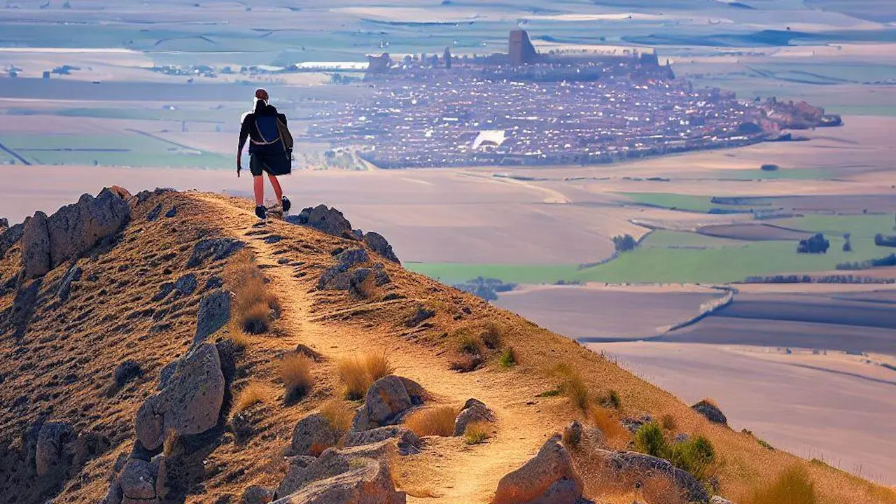 hikers ascent to the Alto Mostelares with Castrojeriz distance below, Northern Spain