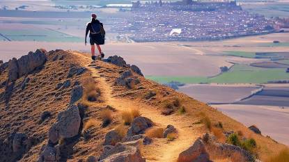 hikers ascent to the Alto Mostelares with Castrojeriz distance below, Northern Spain