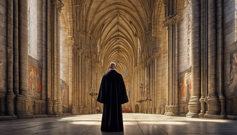 A Priest in contemplation in the Cathedral A Priest in contemplation inside the Santiago de Compostela
