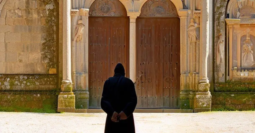 A Monk facing the doors of the Monasterio de Santa Maria de Sobrado dos Monxes, Galicia, Spain