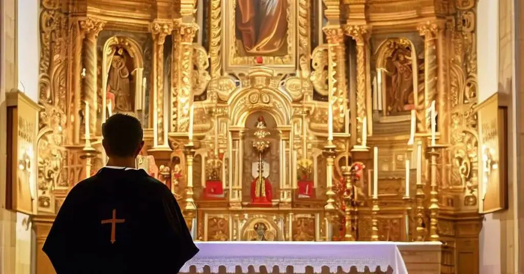 A Priest Standing By The Altar Inside The Iglesia Of Santa Maria A Priest Standing By The Altar Inside The Iglesia Of Santa Maria Los Arcos Spain