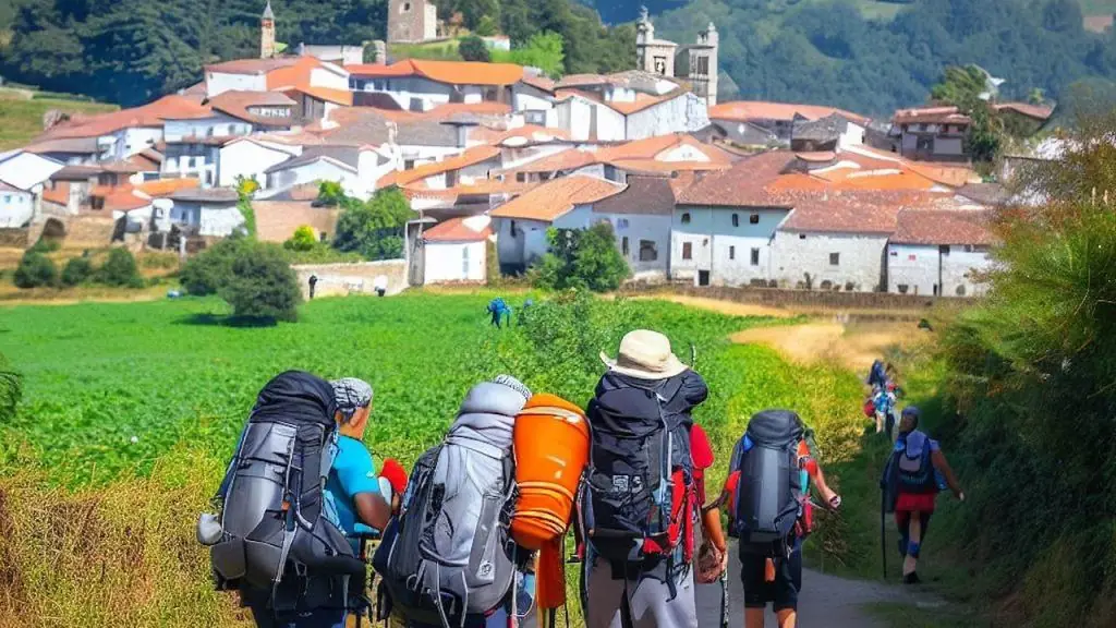 Pilgrims Walking towards Sobrado Dos Monxes along the Camino Inglés Pilgrims Walking Sobrado Dos Monxes Camino Inglés