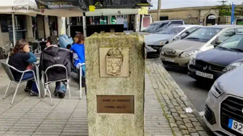 The Stone Block at the Start of the Camino Inglés on Paseo Mariña Start Camino Stone Block Ferrol Harbor