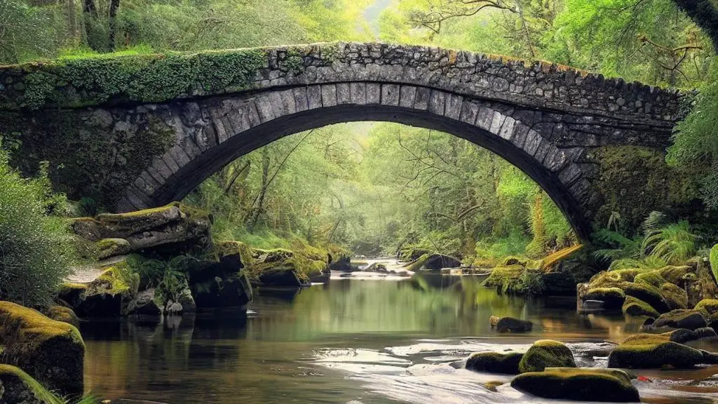 Stone Bridge Over River At Parque Natural De Las Fragas Do Eume Galicia Spain