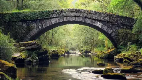 Stone Bridge Over River At Parque Natural De Las Fragas Do Eume Stone Bridge Over River At Parque Natural De Las Fragas Do Eume Galicia Spain