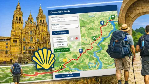 Pilgrim using the GPX Builder tool to draw a custom Camino de Santiago route on a map.