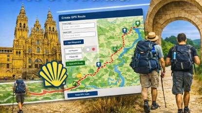 Pilgrim using the GPX Builder tool to draw a custom Camino de Santiago route on a map.
