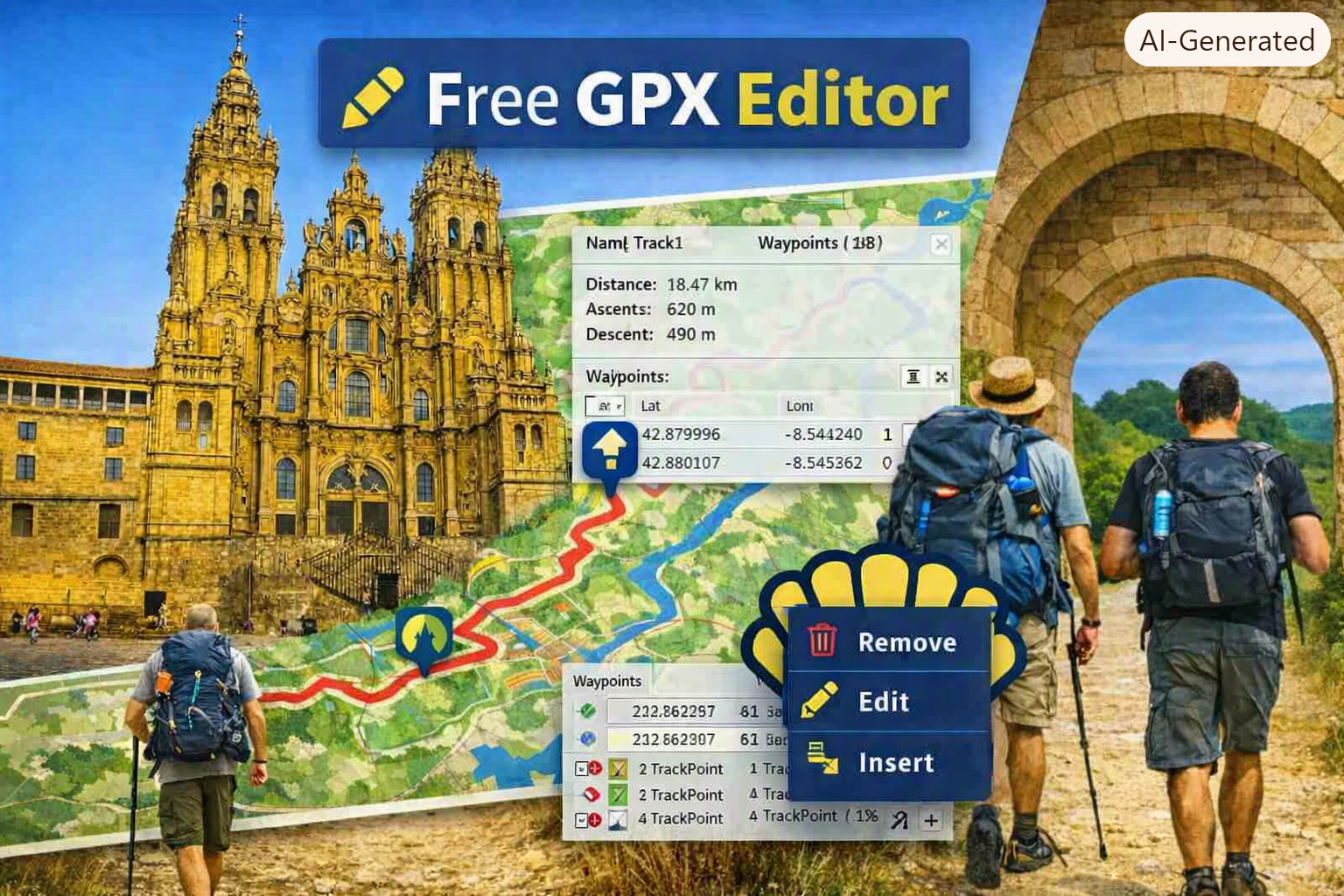Pilgrim using the GPX Editor tool to customize waypoints and track metadata on a Camino de Santiago route.