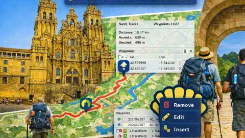 Pilgrim using the GPX Editor tool to customize waypoints and track metadata on a Camino de Santiago route.