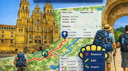 Pilgrim using the GPX Editor tool to customize waypoints and track metadata on a Camino de Santiago route.