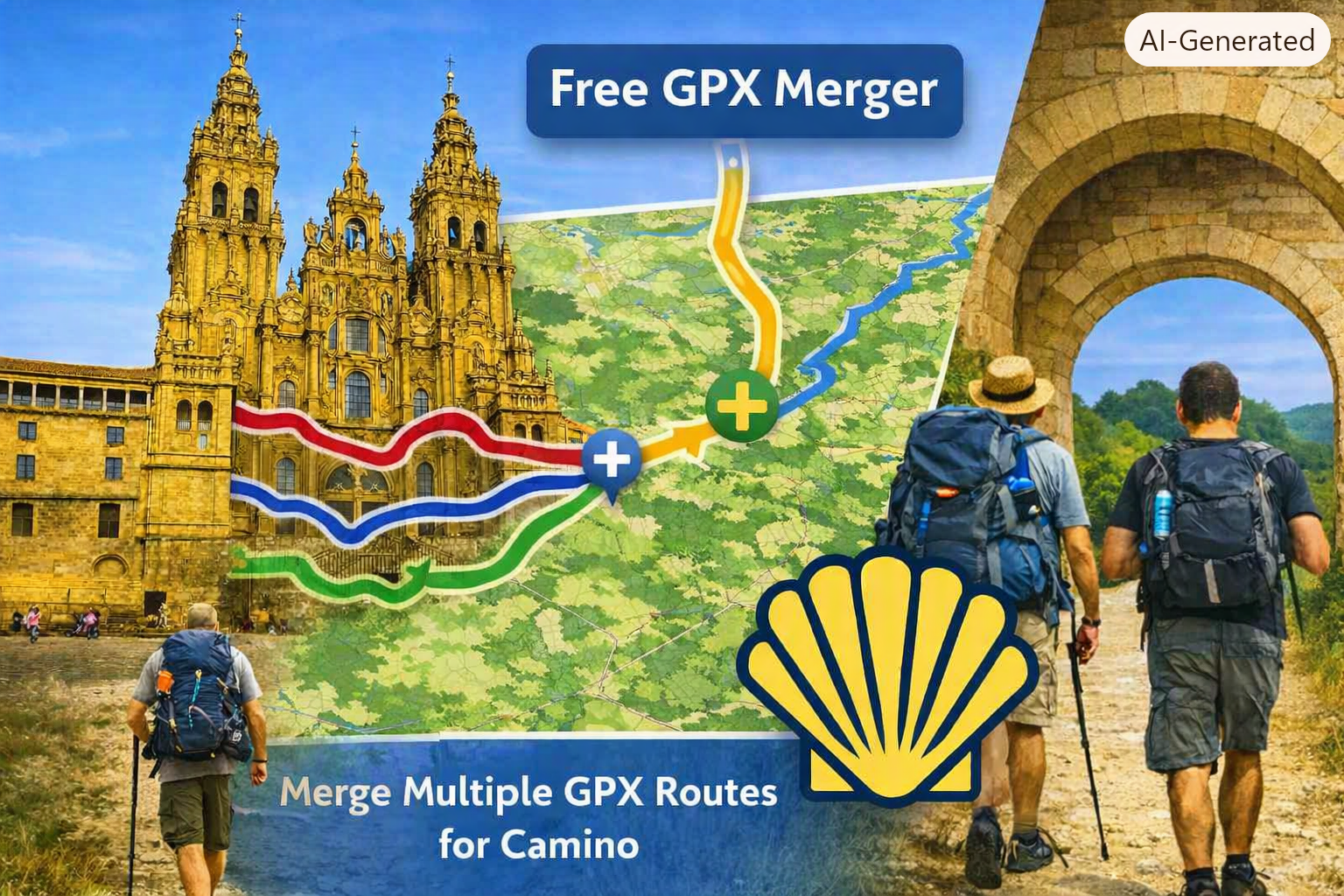 Pilgrim using the GPX Merger tool to combine multiple Camino de Santiago stage files into one continuous route.