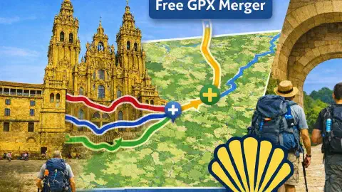 Pilgrim using the GPX Merger tool to combine multiple Camino de Santiago stage files into one continuous route.