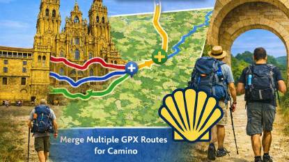 Pilgrim using the GPX Merger tool to combine multiple Camino de Santiago stage files into one continuous route.