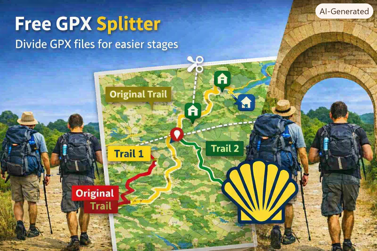 Pilgrim using the GPX Splitter tool to divide a long Camino de Santiago route into daily stages.