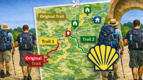 Pilgrim using the GPX Splitter tool to divide a long Camino de Santiago route into daily stages.