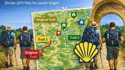 Pilgrim using the GPX Splitter tool to divide a long Camino de Santiago route into daily stages.