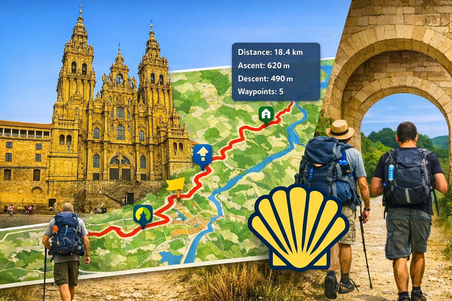 Pilgrim using GPX tools to plan and navigate the Camino de Santiago on a map and mobile device.