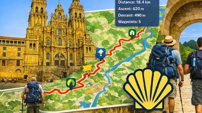 Pilgrim using GPX tools to plan and navigate the Camino de Santiago on a map and mobile device.