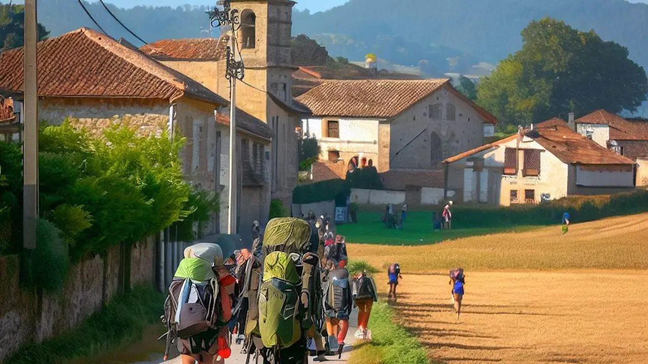 Pilgrims approaching the village of Palas De Rei, Spain, along the Camino Frances