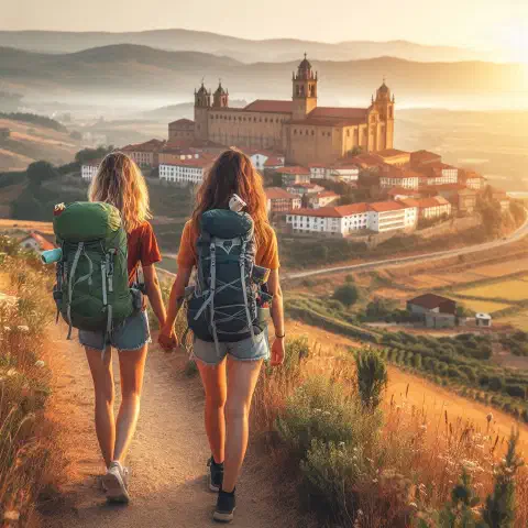 AI representaion of 2 female bakcpackers walking along the Camino Francés