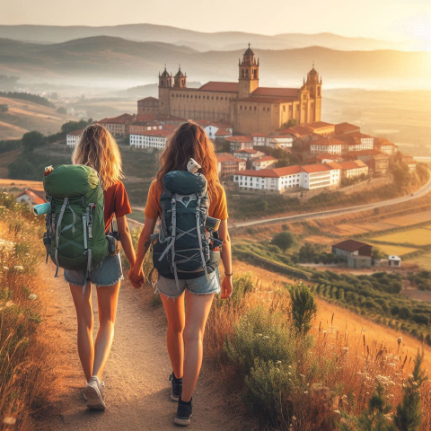 AI representaion of 2 female bakcpackers walking along the Camino Francés