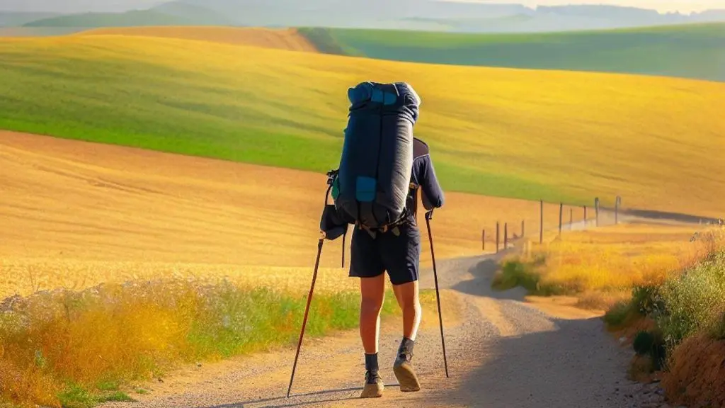A Pilgrim walking on the Camino Frances route from Grañón to Redecilla del Camino, Spain