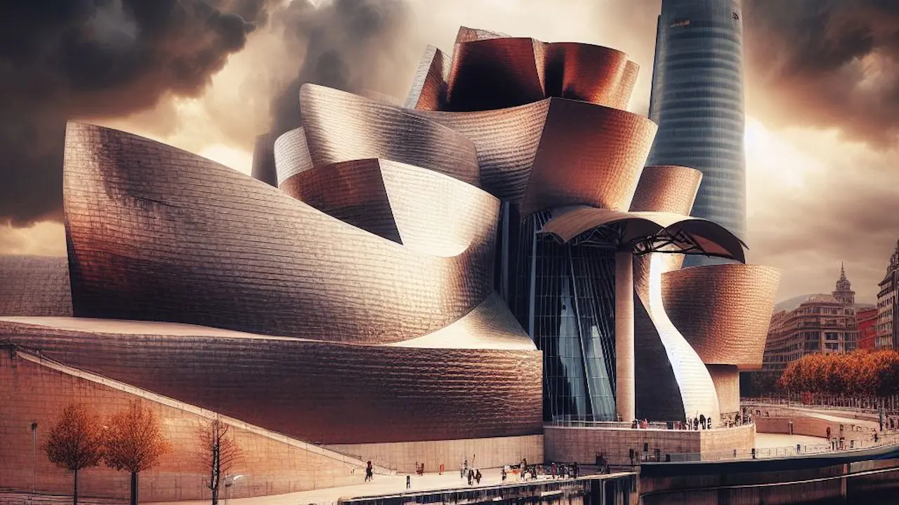 Artist's Impression of the dramatic archictecture of the Guggenheim Museum Bilbao External view of Guggenheim Museum Bilbao, an Artists Impression of the dramatic architecture