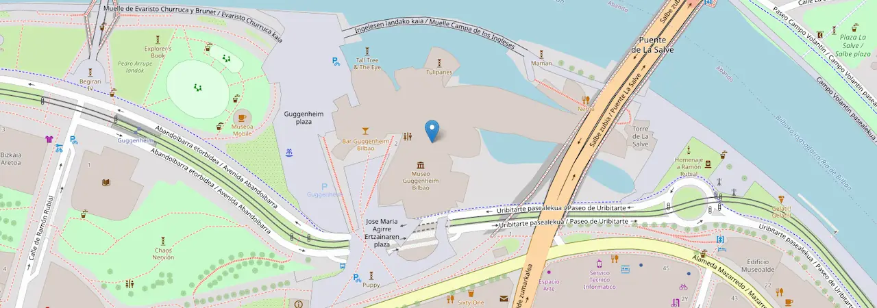 Map of Guggenheim Bilbao Click to view the interactive map Guggenheim Museum Bilbao Abandoibarra Etorb., 2, Abando, 48009 Bilbo, Bizkaia, Spain