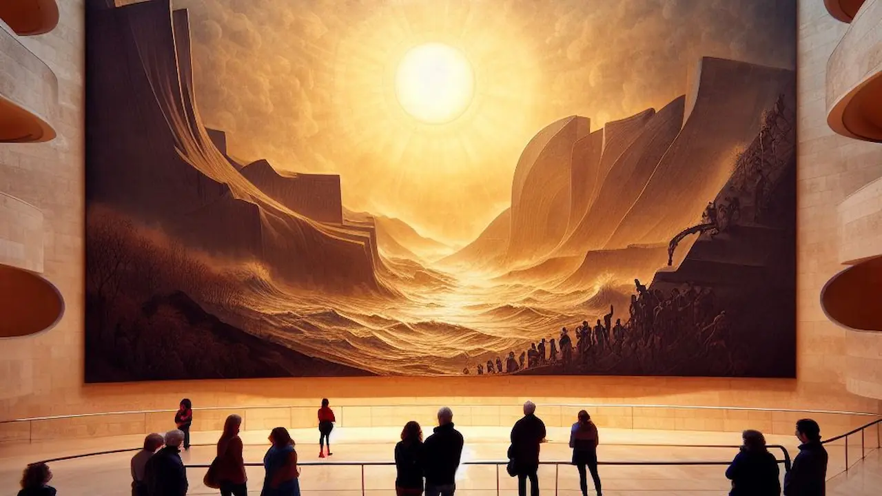 Visitors enjoy a mural in the Guggenheim Bilbao Art enthusiasts admire an exhibit at the Guggenheim Museum, Bilbao